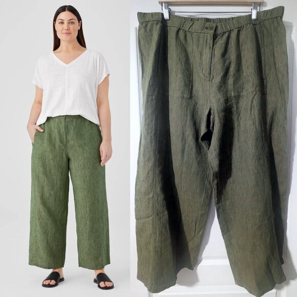 Eileen Fisher | Washed Organic Linen Délavé Wide Trouser Pant In Coriander Green - Picture 1 of 11